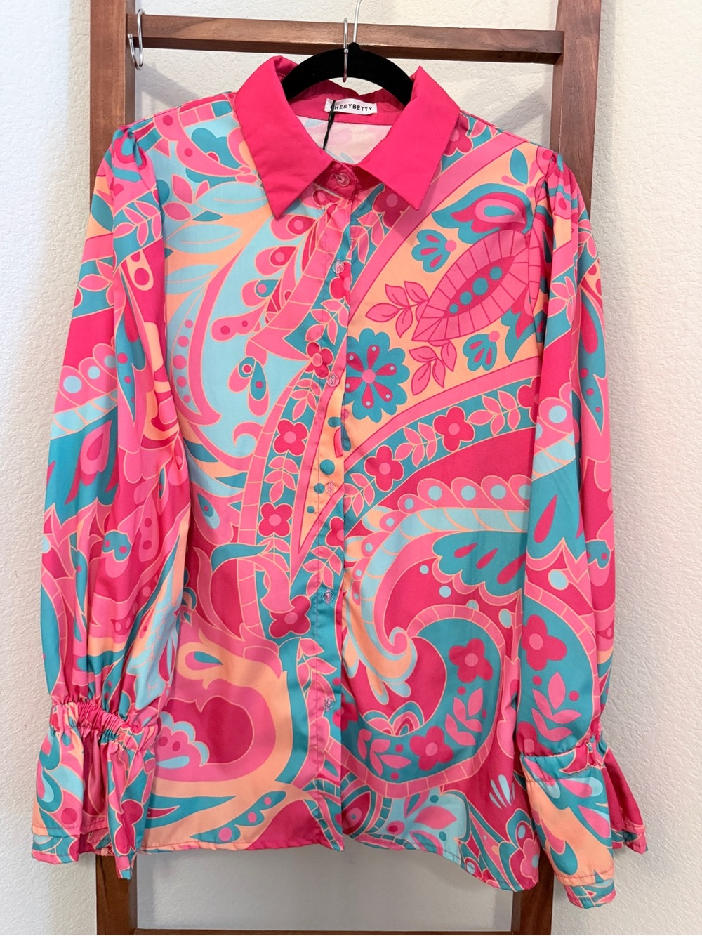 CHERRYBETTY Pink Multicolor Paisley Button-Up Long Sleeve Blouse Size Large